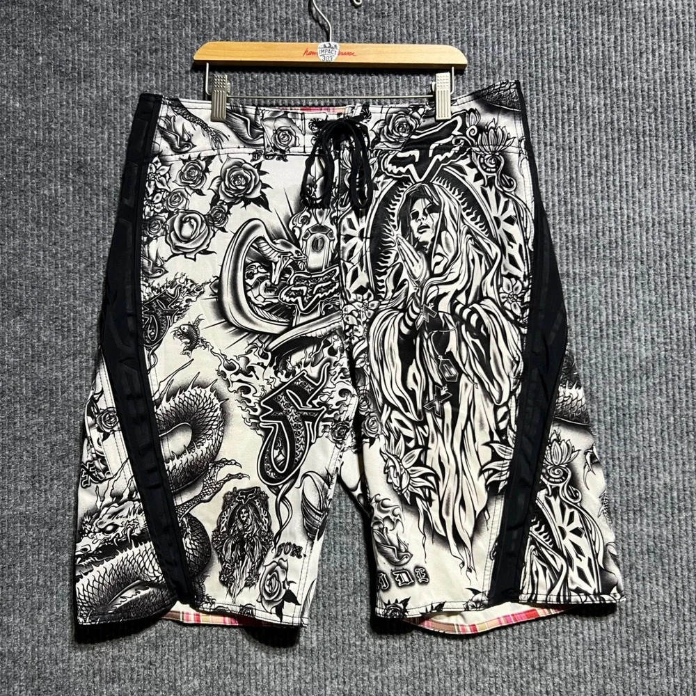 Fox Racing Board Shorts Mens 33 White Tattoo Print AOP Dragon Moto Swim Trunks